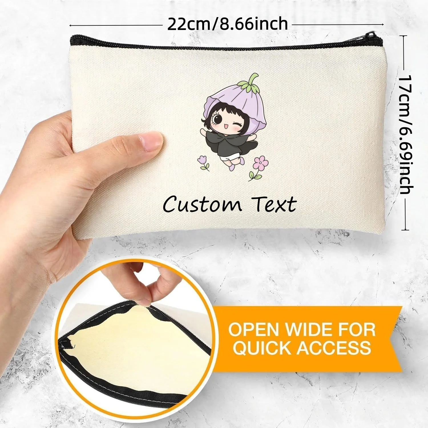 1PC Bolsa de Maquillaje de Lona con Texto Personalizado, Diseño de Flor Morada, para Niña Elfa, con Cierre, Bolsa de Cosméticos Portátil para Viaje