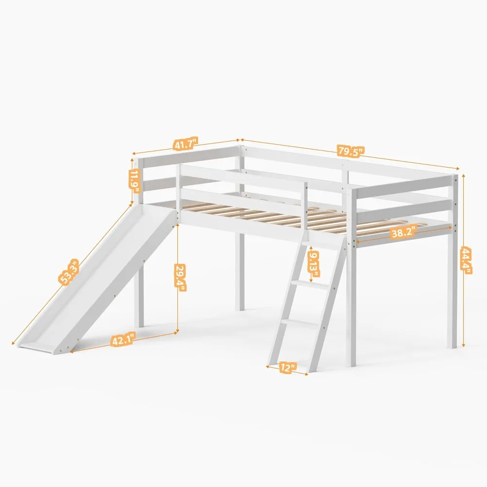 Low Loft Bed with Slide, Wood Twin Loft Beds Frame with Climbing Ladder & Storage Space for Kids Toddler, Twin Size Bed Frame