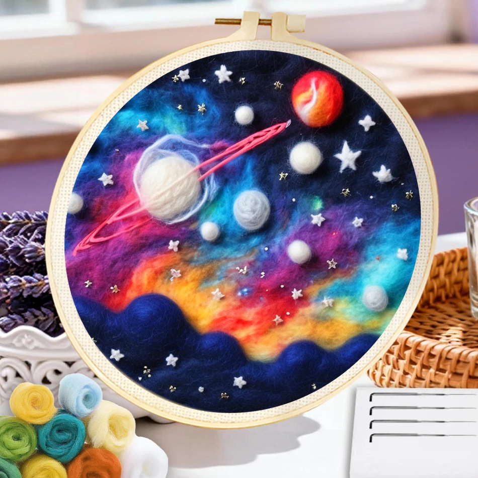 CHENISTORY Starry Sky Wool Painting Wall Decor Diy Crafts Scenery Felting Needle Kit Wall Art Hand Embroidery Kit
