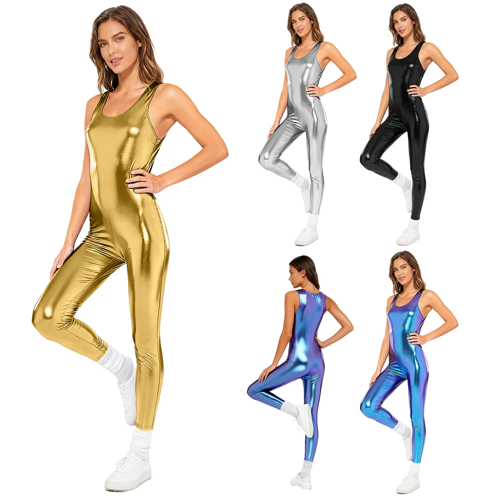 

Womens Shiny Metallic Unitard Gymnastics Leotard Crew Neck Sleeveless Back Zipper Slim Fit Jumpsuit for Yoga Club Dance Party