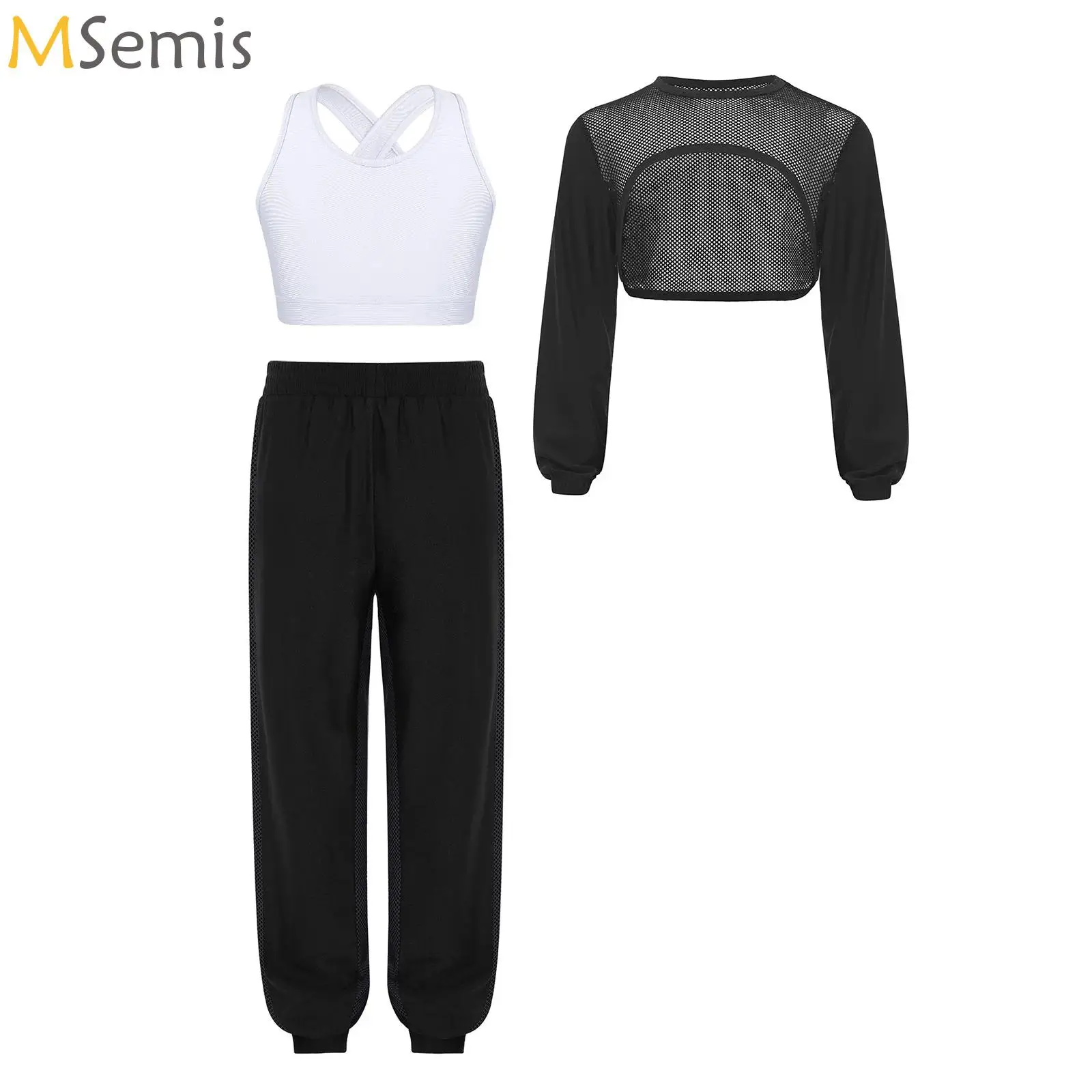 

Kids Girl Hip Hop Jazz Outfits Set Long Sleeve Hollow Out Disco Crop Top with Vest And Pants Cheerleading Performance Costume