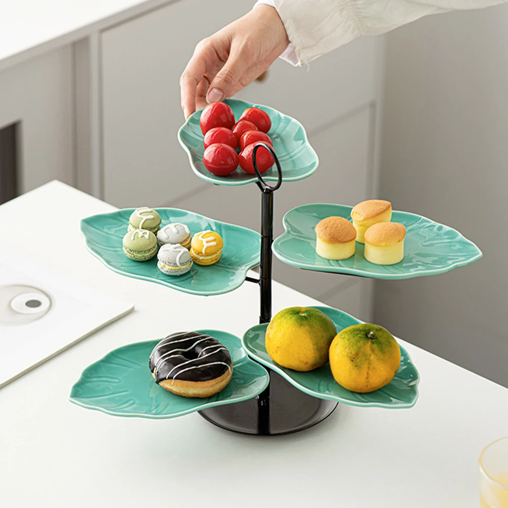 

1Set Ceramic Fruit Plate Leaf Shape Multi-Layer Dessert Serving Tray Sturdy Iron Snack Display Party Fruit Storage