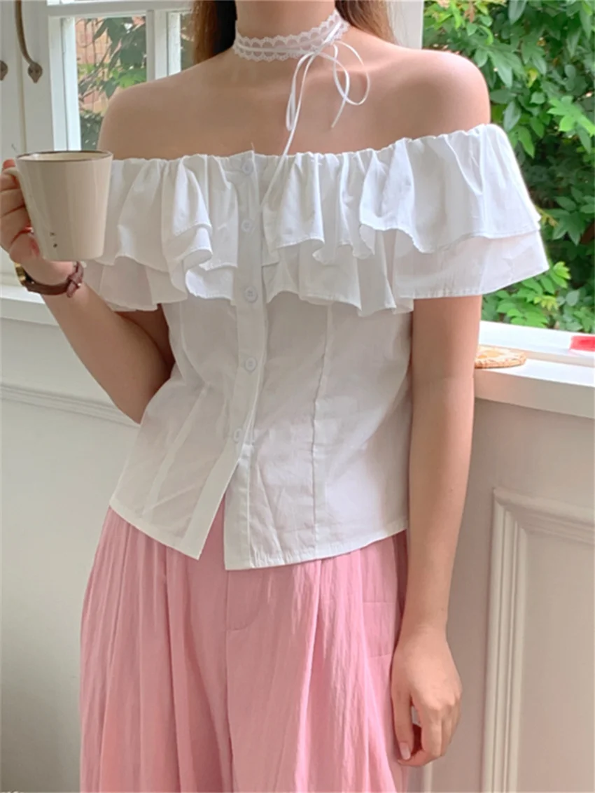 Alien Kitty Summer Ruffles Shirt Women Slash Neck Slim Flying Sleeve 2024 Daily Sweet Office Lady High Street Chic Gentle Mujer