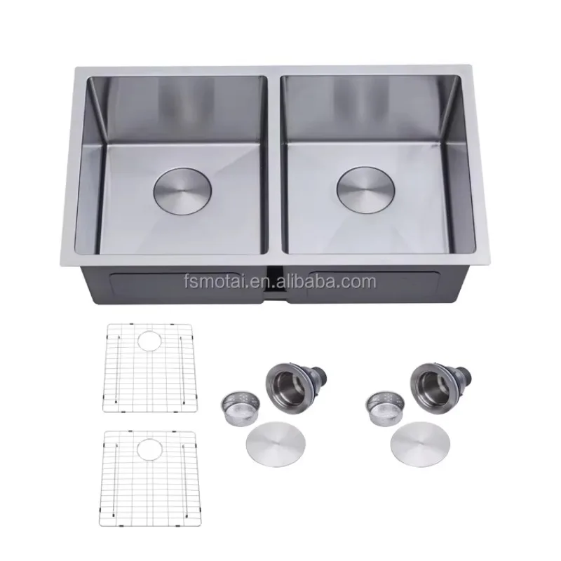 

30x18 Inch 50/50 Split Double Bowl 16 Gauge Stainless Kitchen Sink with Storage Rack, Fregaderos De Cocina