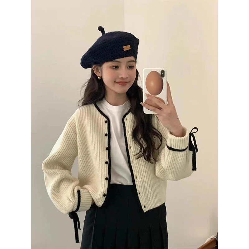 

Sweet Knitted Sweater Coat Women's Long Sve V-Ne Knot 3 Colors Spring Faion Ele Sle