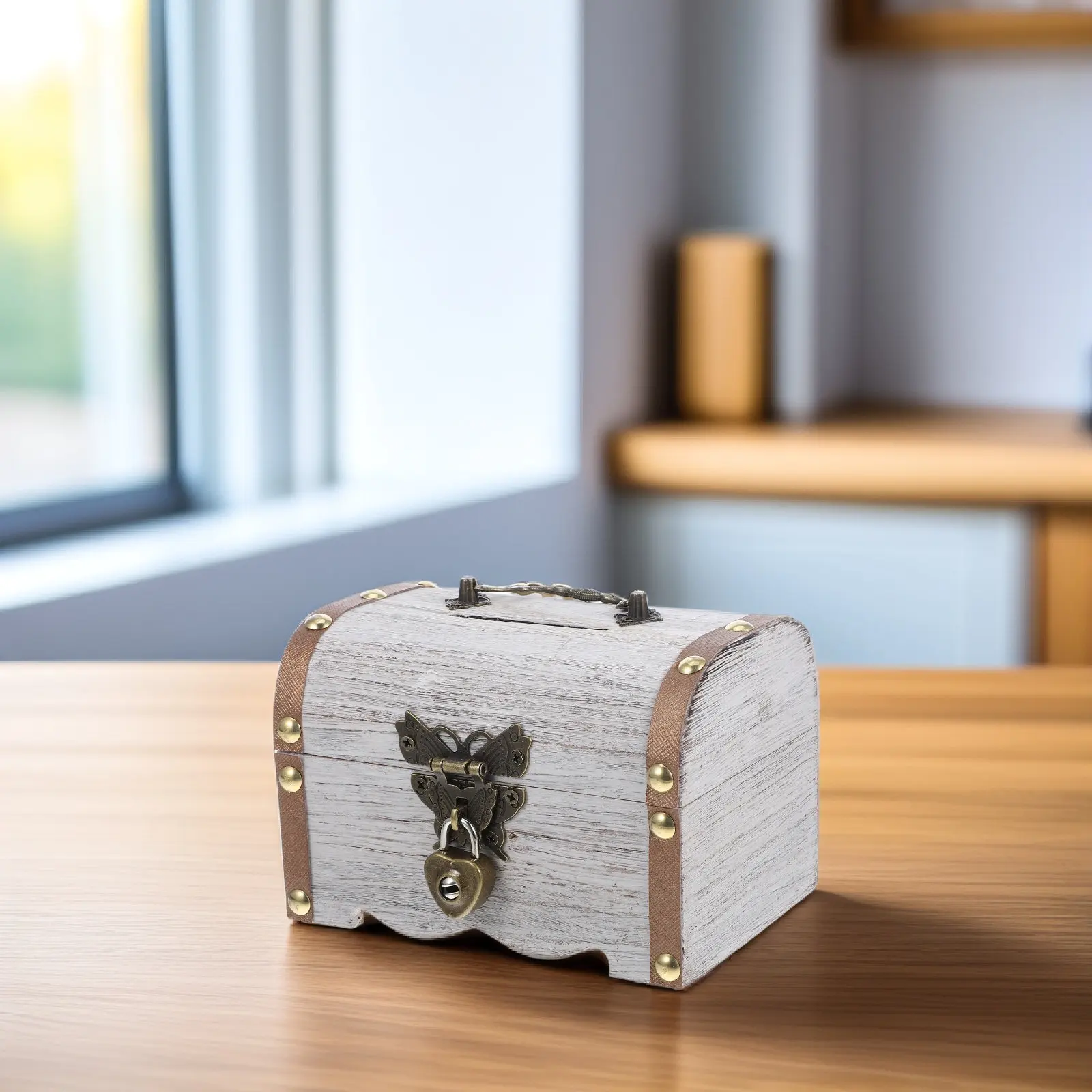Rustic Wooden Vintage Coin Bank Lockable Money Storage Box Decorative Treasure Chest Keepsake Box Wooden Coin Bank