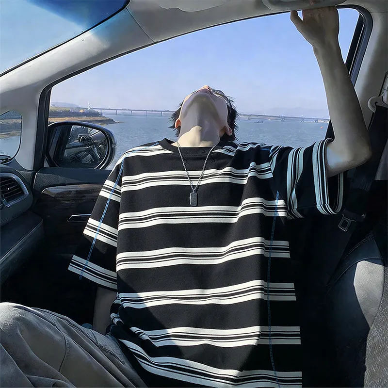 Summer Men's Fashion Casual Striped Large-Sized Short-Sleeved T-Shirt Men's Shirt
