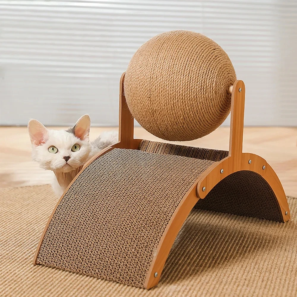 Wear-Resistant Wooden Cat Scratcher, Grinding Paw Toy, Scratch Board, 2 in 1 Sisal Scratching Ball, Scrapers for Cats