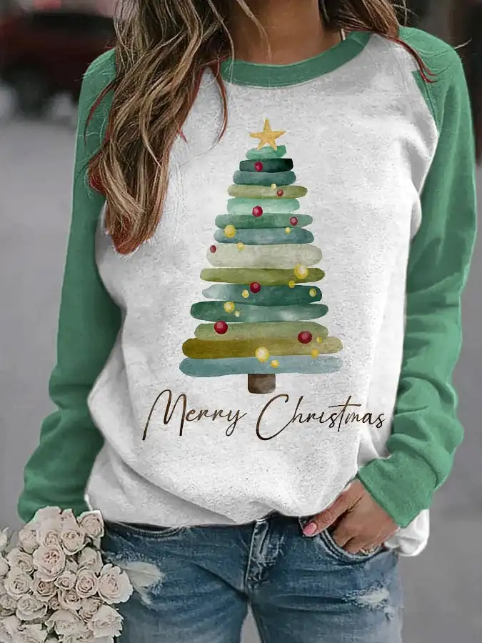 Women\'s Cute Santa And Xmas Tree Print Long Sleeve Sweatshirt