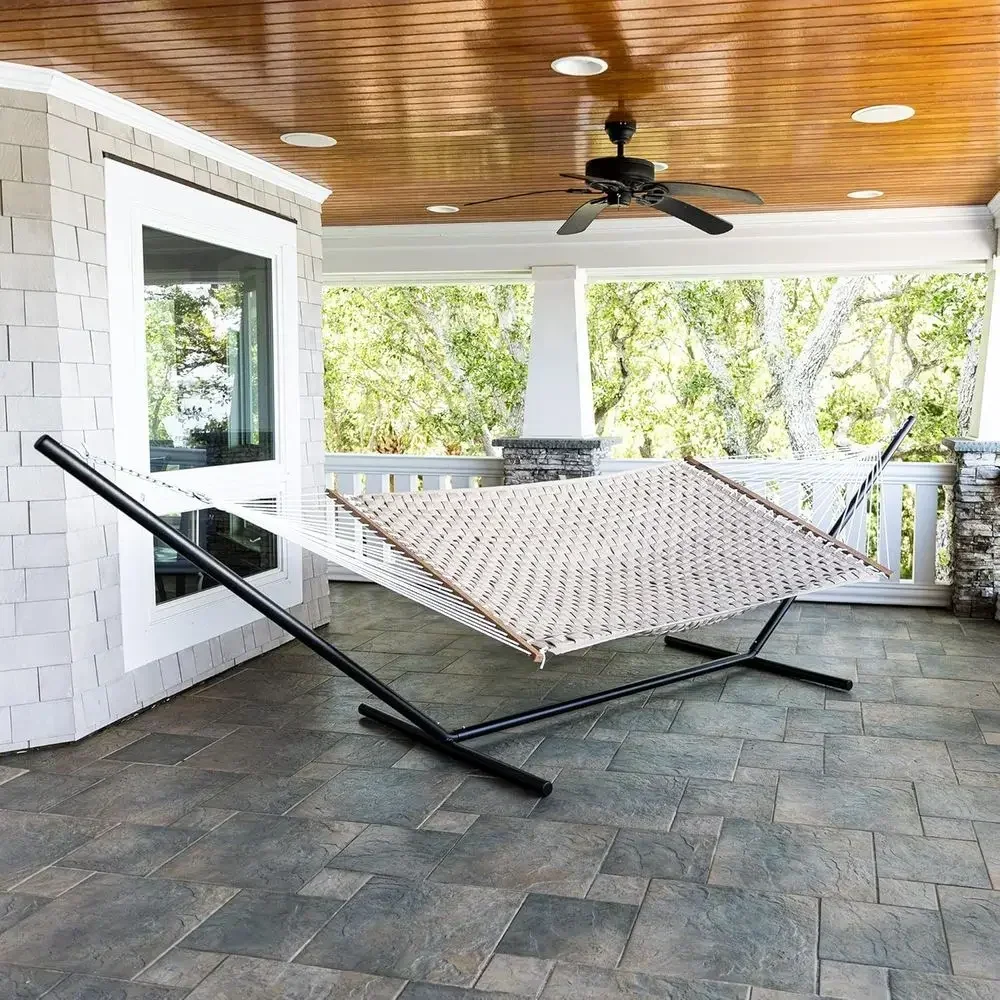 Double Person Capacity Beige Woven Hammock with Chain and Tree Hooks, Handcrafted in USA, 450 LB Capacity, 13 ft x 55 in.
