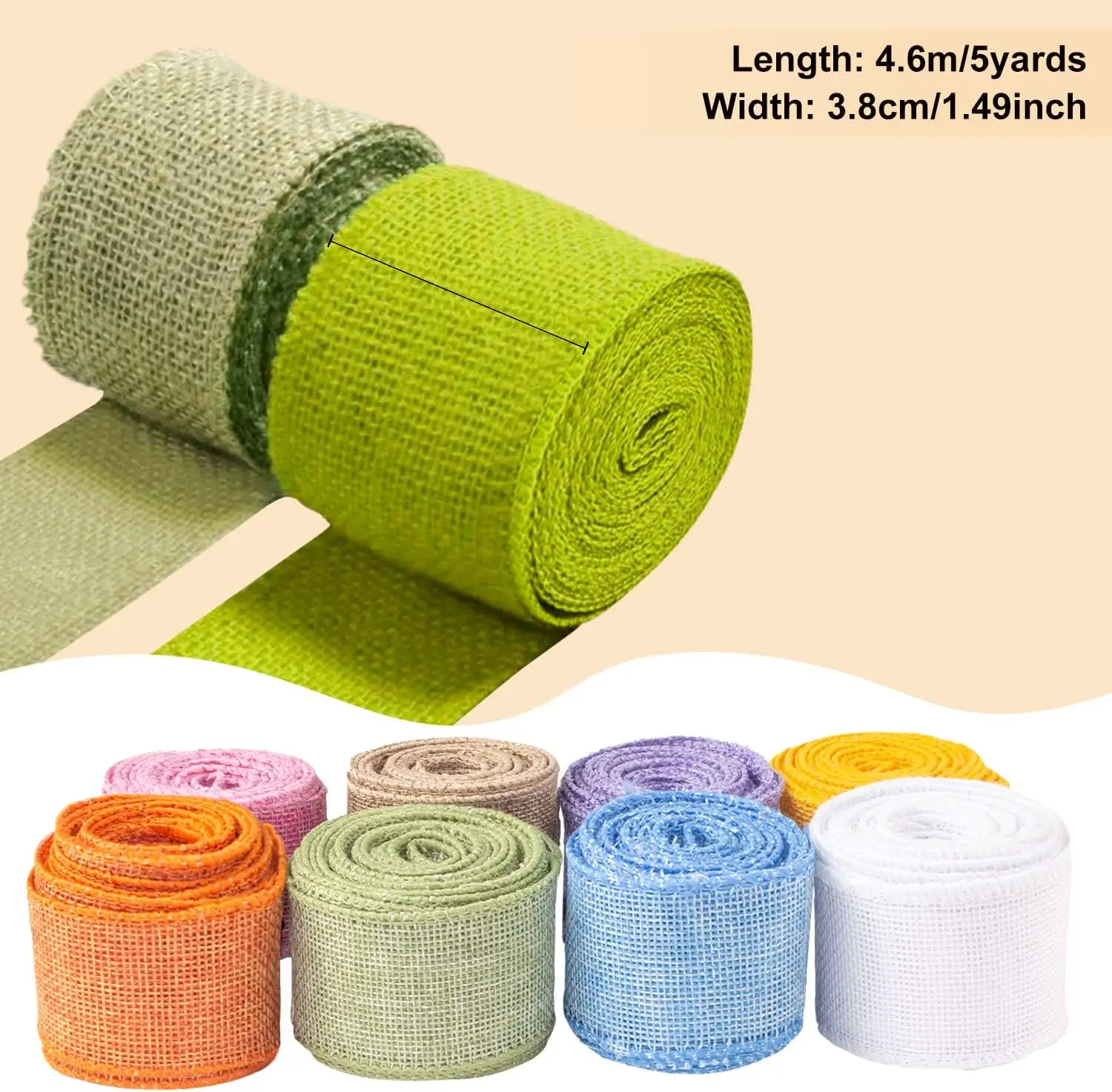 Burlap Wired Ribbon 8 Rolls - Natural 1-1/2 Inch 40 Yards Solid Fabric Edge for Christmas Craft DIY Wrapping Wreath Holiday Part