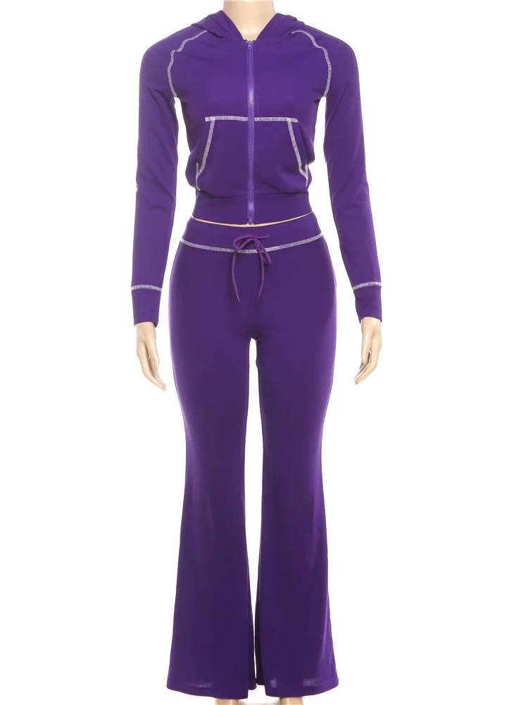 Cutenew البريدي مقنعين 2 قطعة مجموعة النساء رياضية جيب سترة الرباط مضيئة السراويل عادية رياضي بسيط تمتد ضئيلة الزي