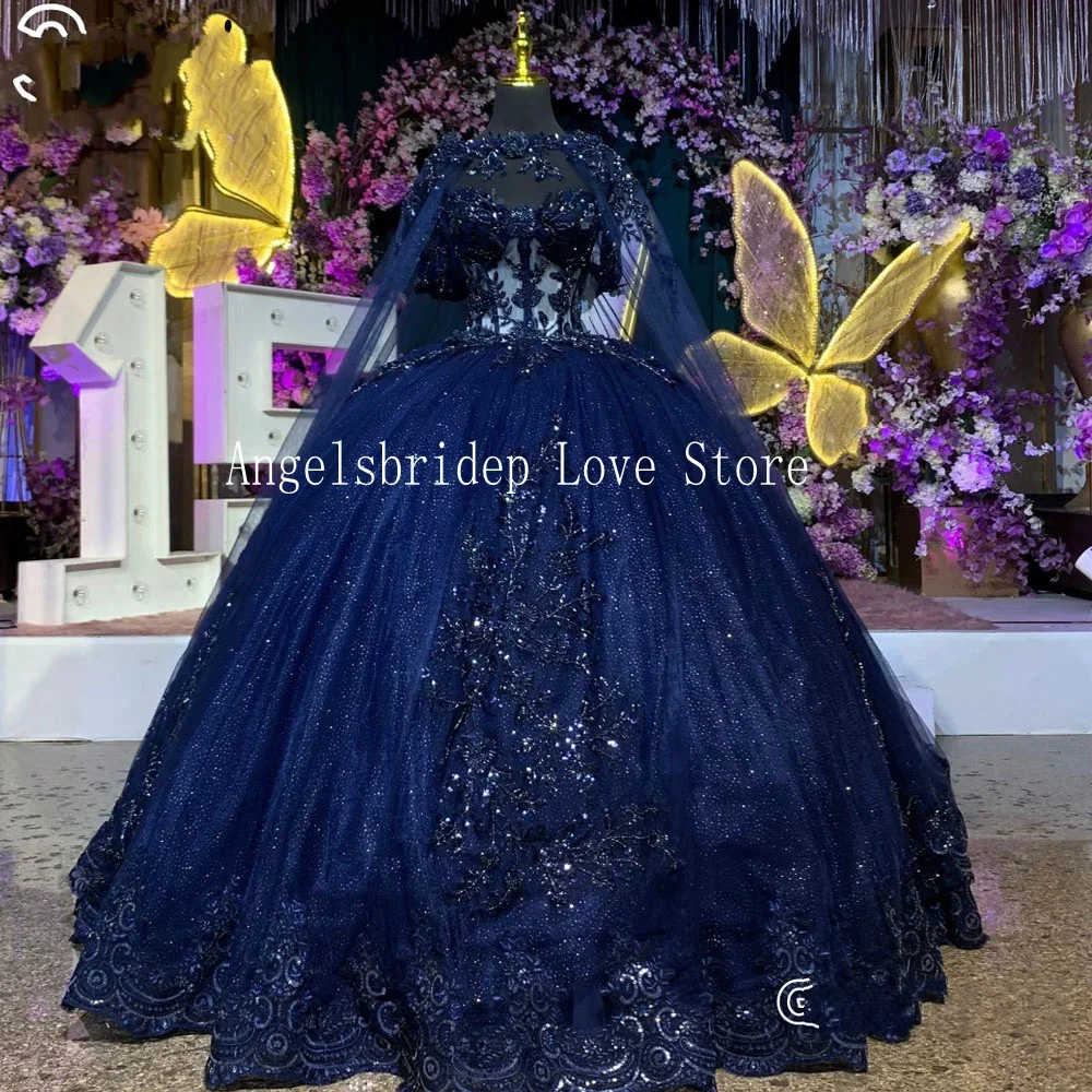 Angelsbridep Customized Luxury Navy Blue Ball Gown 15 years Old Quinceanera Dresses 2024 With Cape Princess Birthday Party Dress