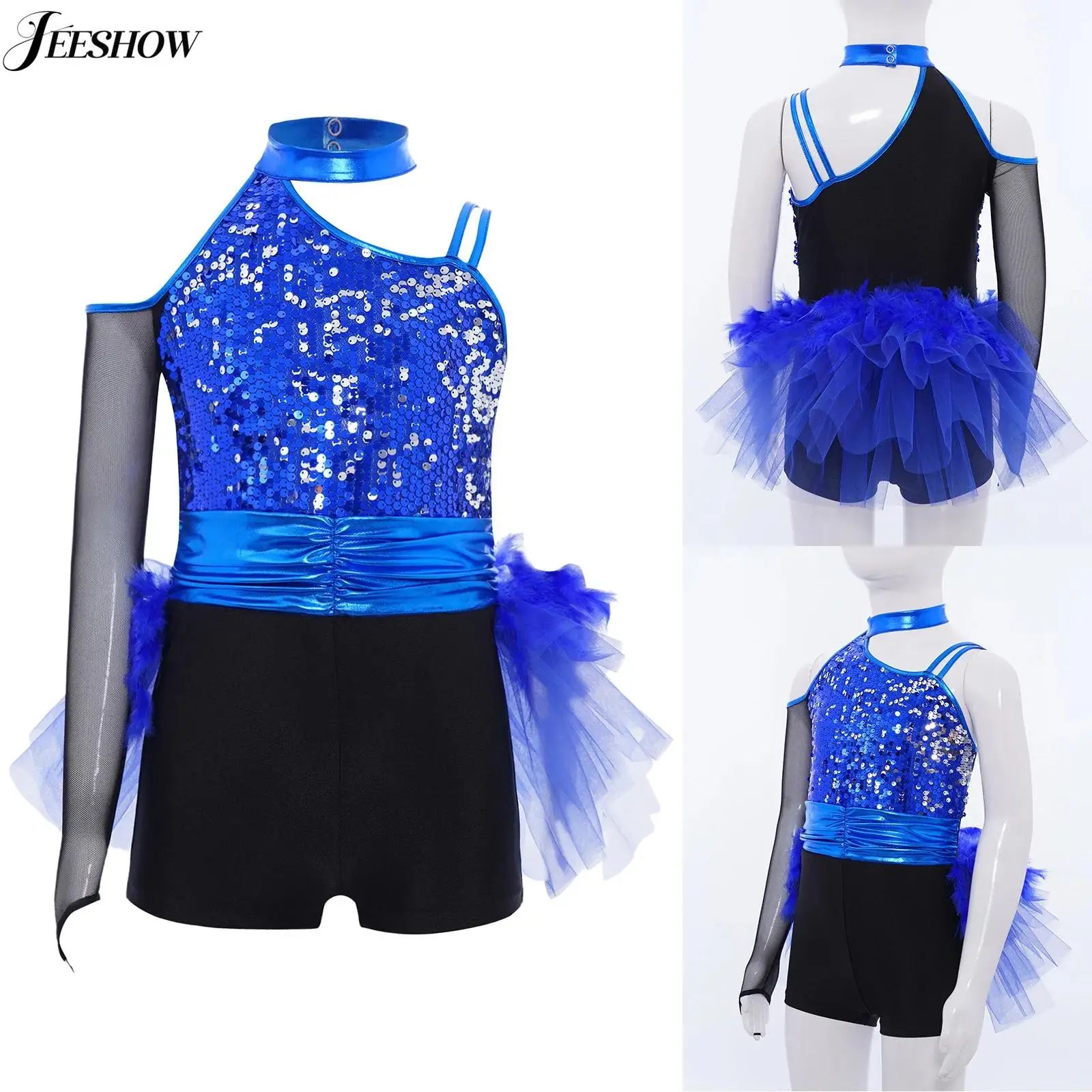Costume da ballo jazz per bambina, patchwork di paillettes, vita increspata, piume, gonna in tulle, body, sala da ballo, performance latina