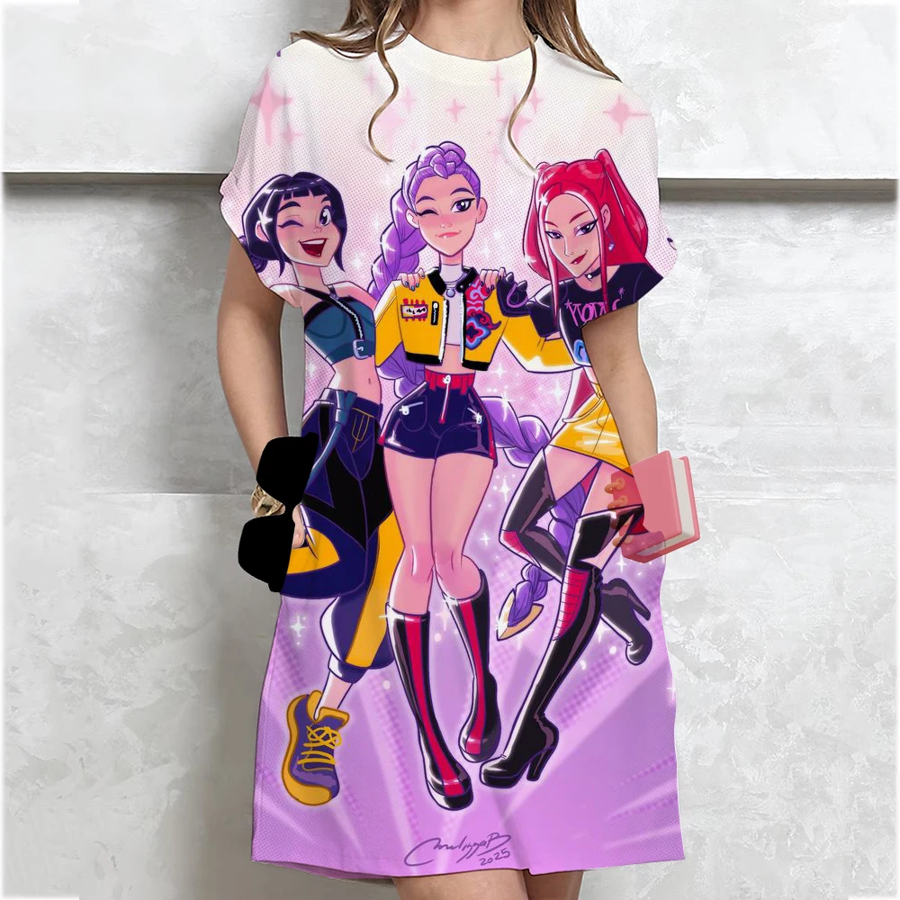 فستان Kpop Demon Hunters Huntrix للنساء فساتين نسائية غير رسمية مطبوعة بالورود أنيقة برقبة على شكل حرف v فضفاضة على شكل حرف a فستان شاطئ بوهو