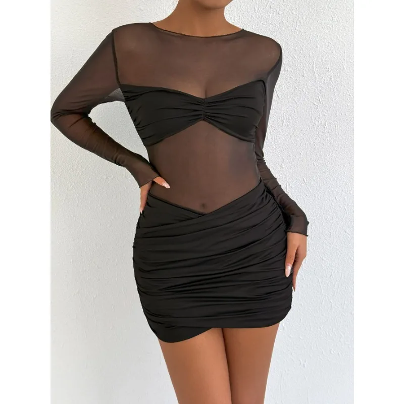 المألوف جولة الرقبة طويلة الأكمام شبكة الربط نمط قصير مثير مطوي الورك المعانقة فستان أسود 2025 الصيف الملابس النسائية