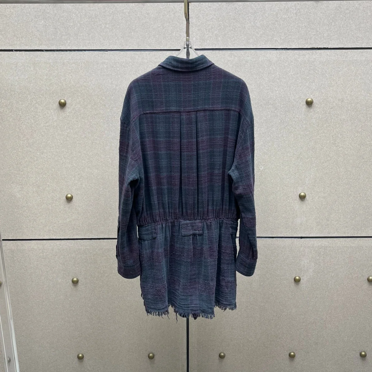 High Quality Women Vintage Purple Plaid Long Sleeve Shirt Romper Elastic Waist Raw Hem Fringe Jumpsuit