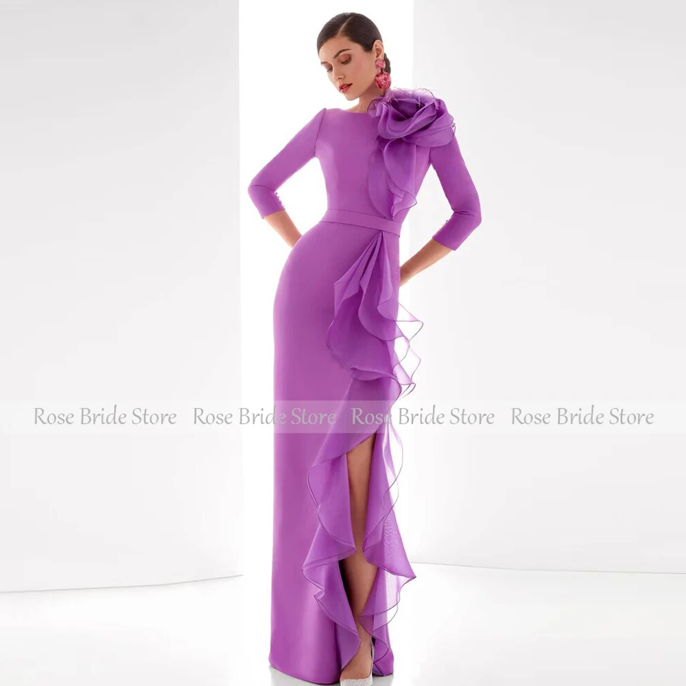 Elegant Special Occasion Dresses Purple Flower Ruffles Wedding Party Gowns Column Jewel Floor Length 3/4 Sleeves Evening Dress