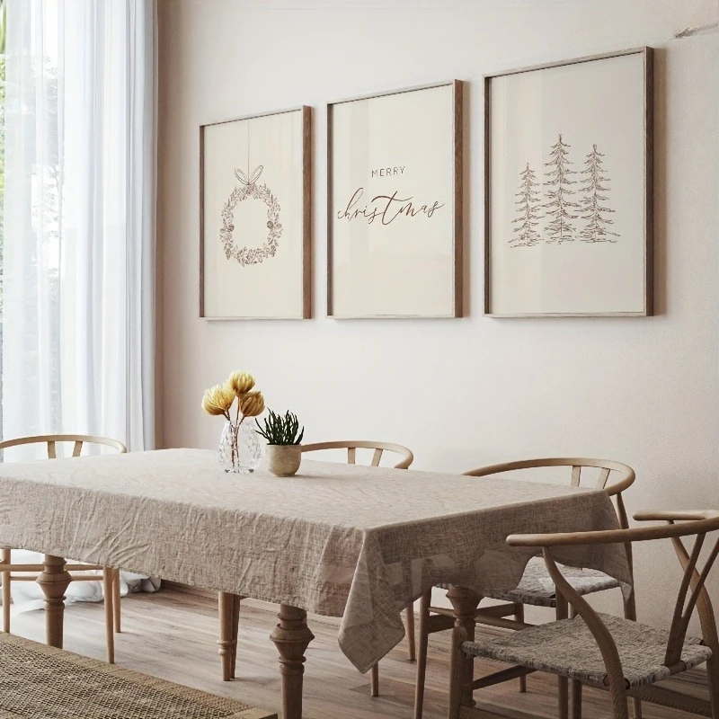 Set of 3 Christmas Canvas Wall Art,Sketch Pine Tree Wreath Print, Neutral Beige Merry Christmas Poster,Farmhouse Xmas Home Decor