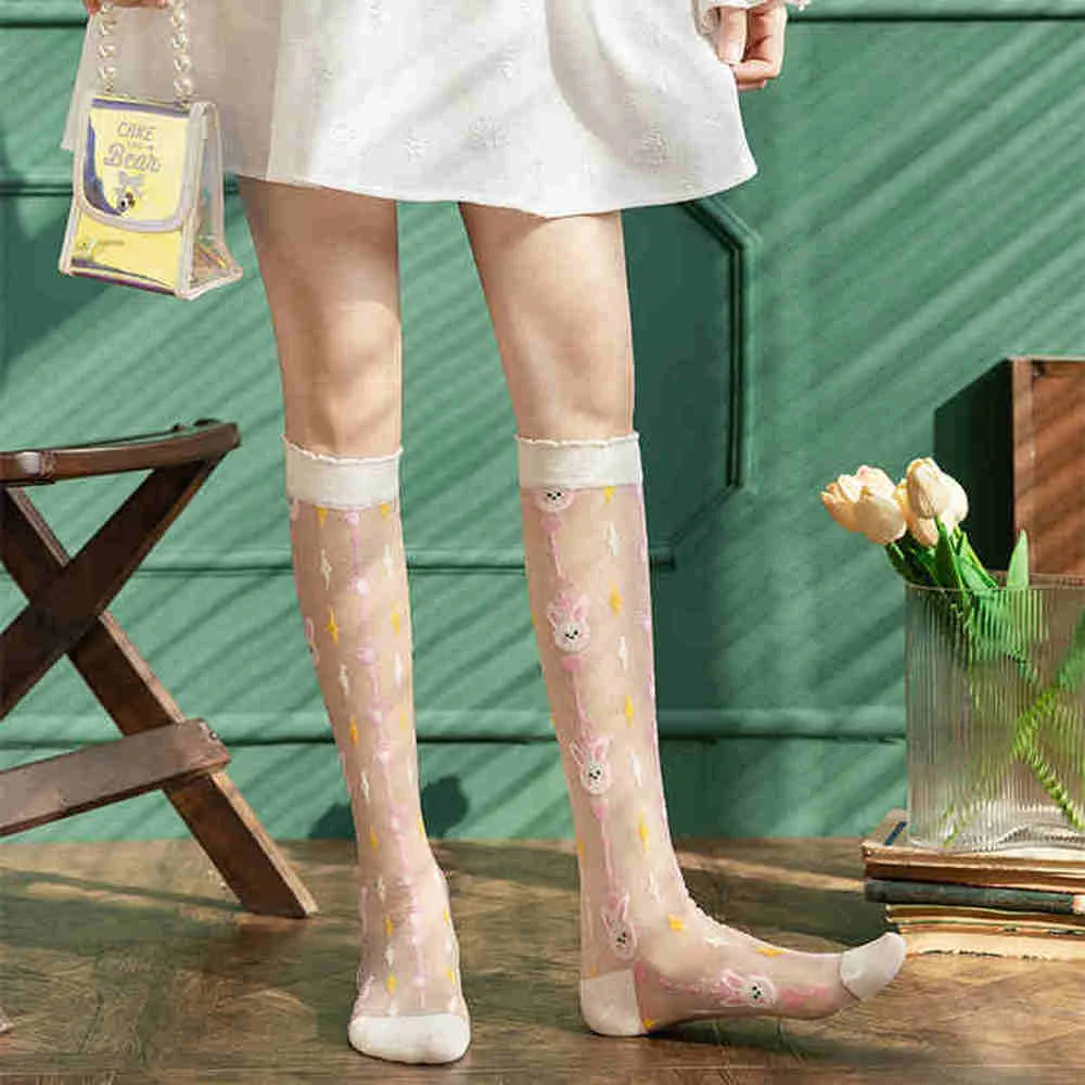 Summer Thin Women Stockings Ultra-thin Transparent Crystal Silk Long Socks Sweet Girls Cartoon Cute Fishnet Stockings Knee Socks