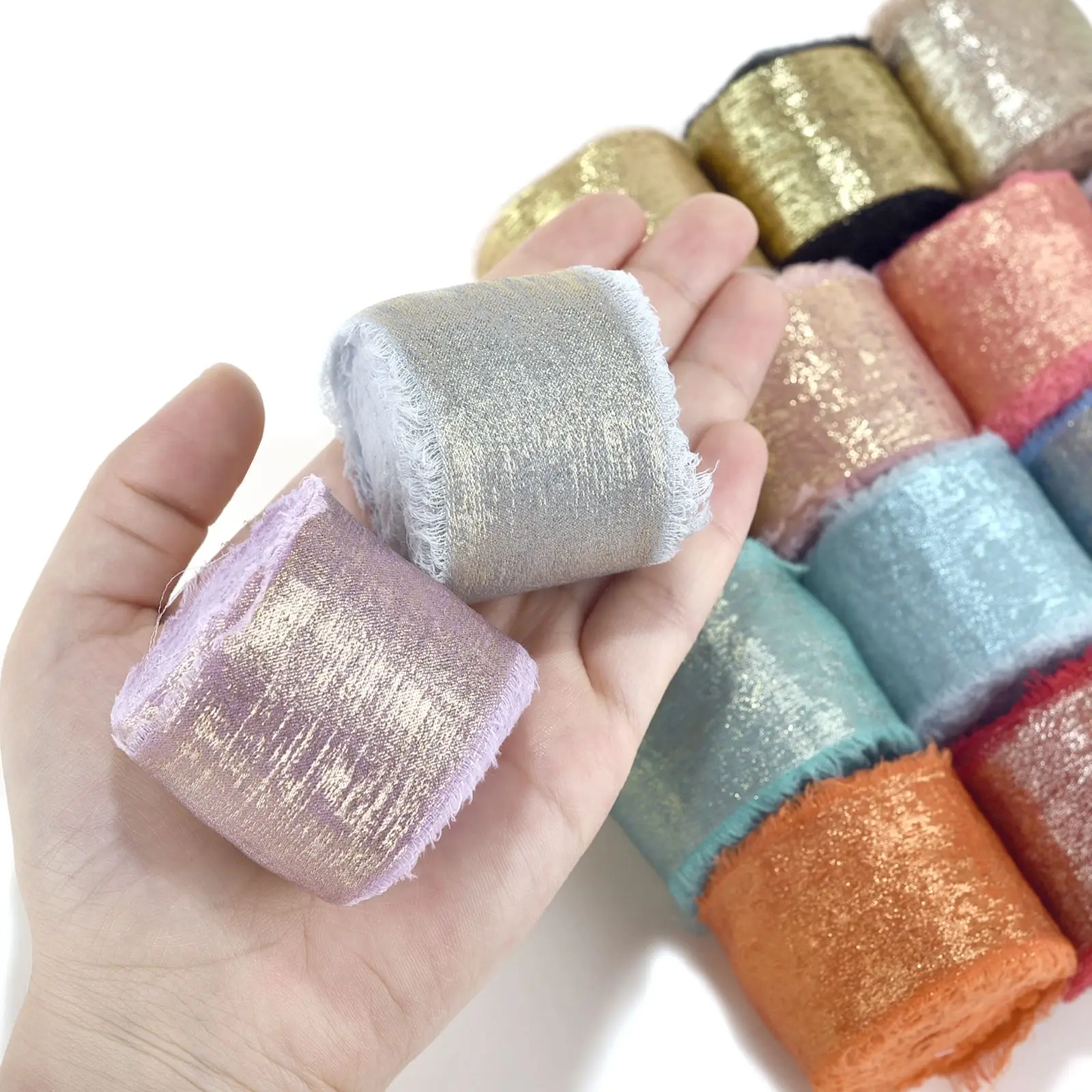 5yard/rol Emas Glitter berjumbai pita sutra buatan tangan robek buket bunga pesta pernikahan hadiah kemasan Dekorasi DIY kerajinan