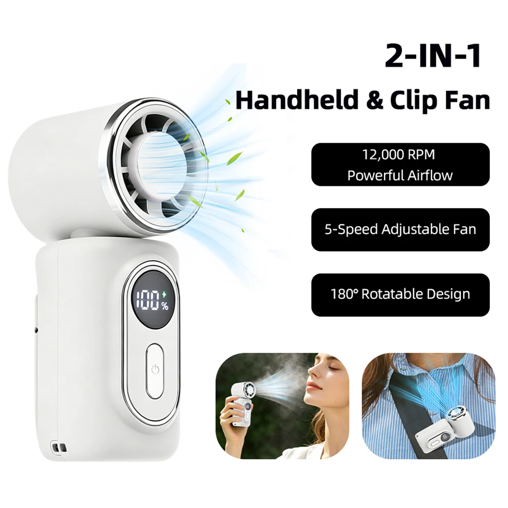 Tragbarer Mini-Handventilator mit hoher Geschwindigkeit, geräuscharm, 5 Geschwindigkeitsstufen, Clip-On-Design, Taschenventilator für Outdoor, Reisen, Camping, Pendeln.