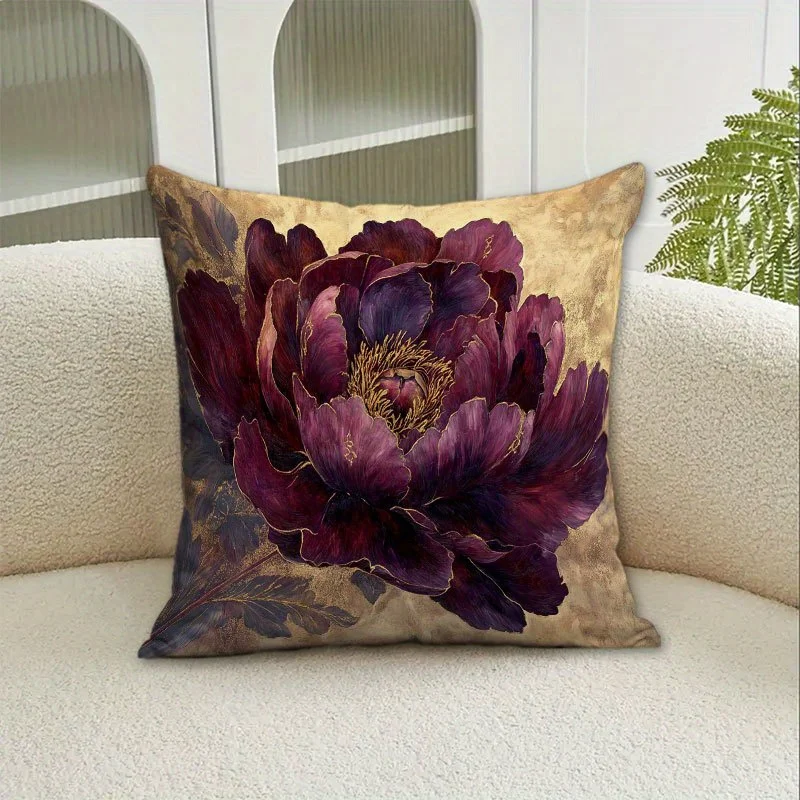 Luxury Burgundy Peony Pillow Cover Gold Foil Floral Print Cushion Case Baroque Victorian Home Decor Gift