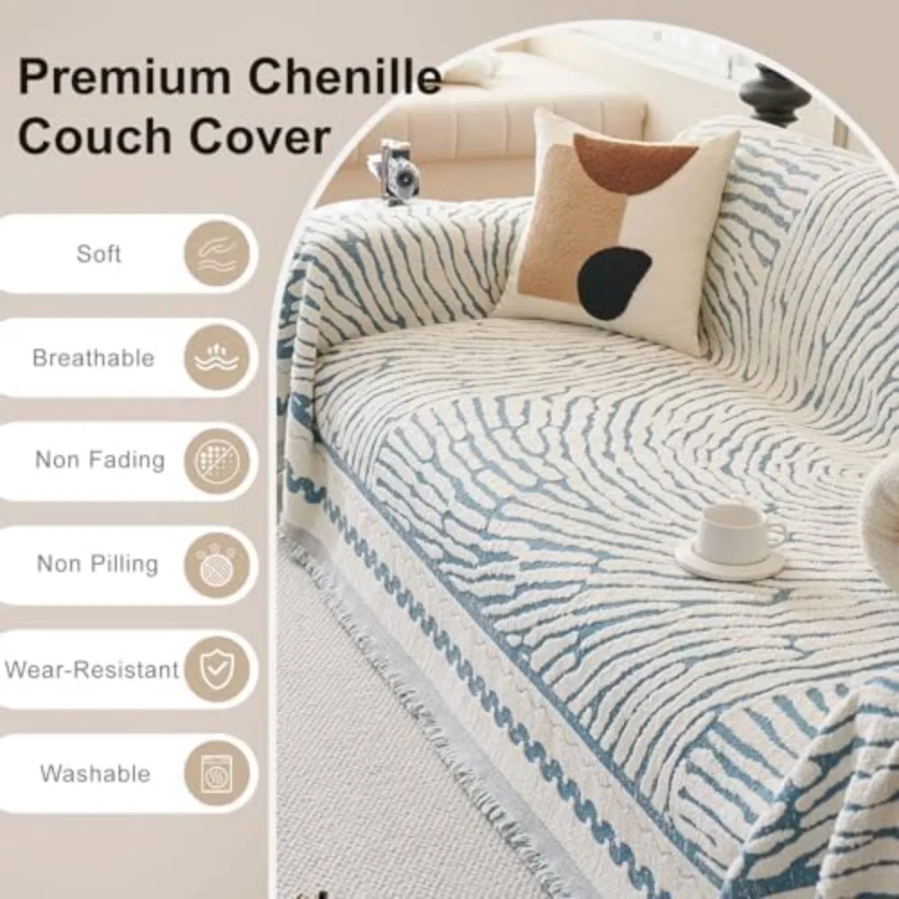 غطاء أريكة شانيل مخطط سميك مع شرابة، بطانية غطاء أريكة زرقاء للأرائك المقطعية، أغطية ناعمة للأرائك الكبيرة