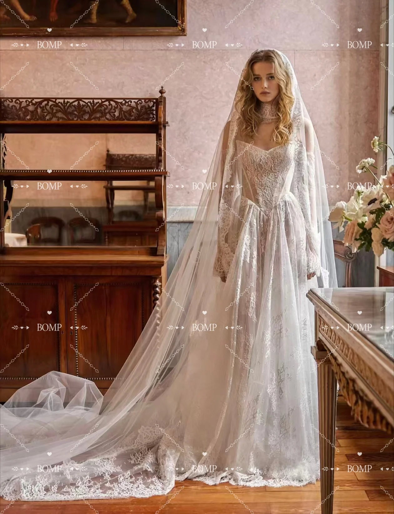BOMP الأميرة الدانتيل فستان الزفاف الحبيب ثنيات سويب تراين مع وشاح الحجاب امرأة فستان زفاف مخصص Vestido de novia #6