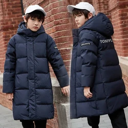 Boys Girls Medium Length Down Jacket Black White Navy Blue Thickened Hooded Coat Big Childrens Kids Jacket Clothes Winter