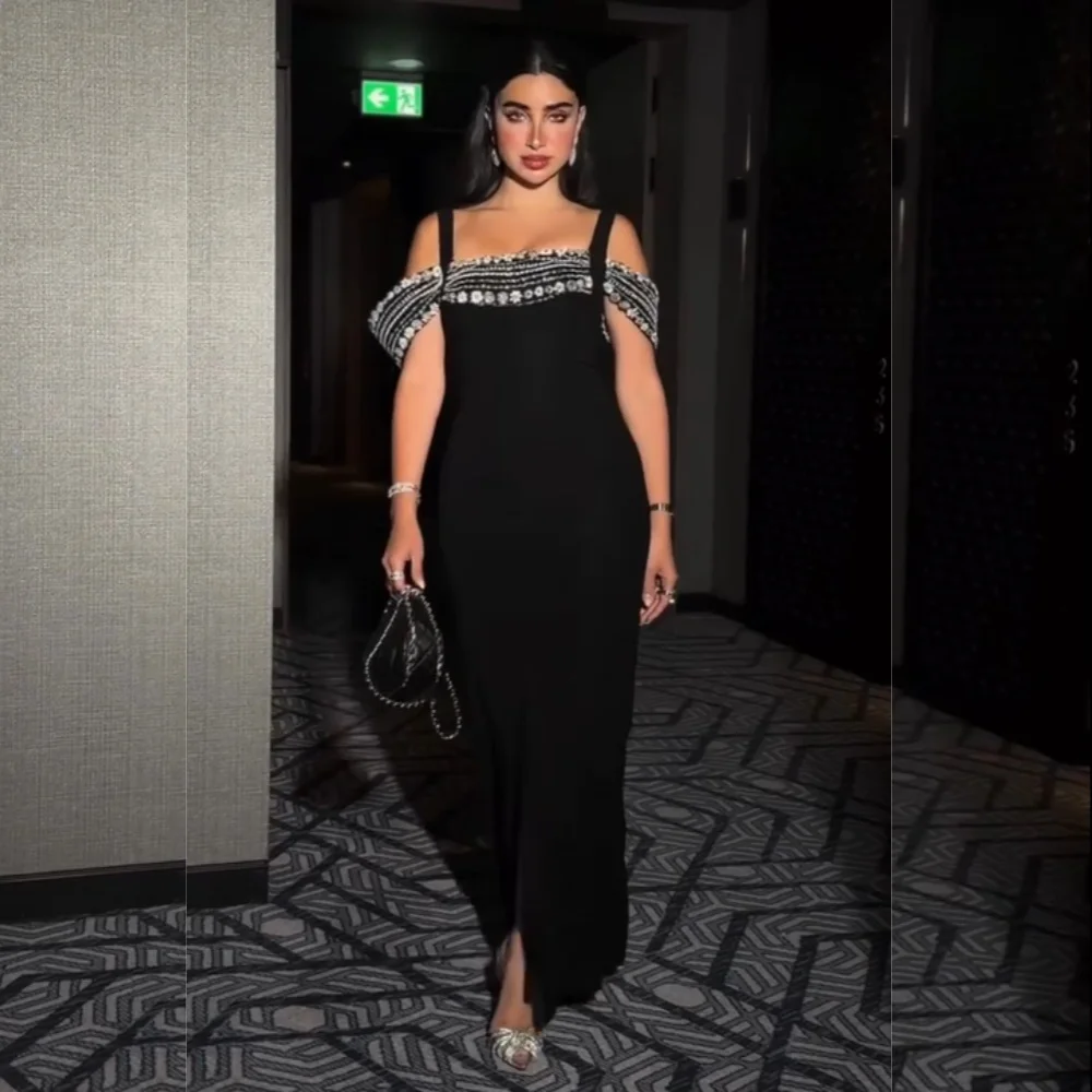 

Customized Matching Jersey Pleat Sequined Pattern Straight Off-the-shoulder Midi Dresses Bespoke Occasion Prom Exquisite