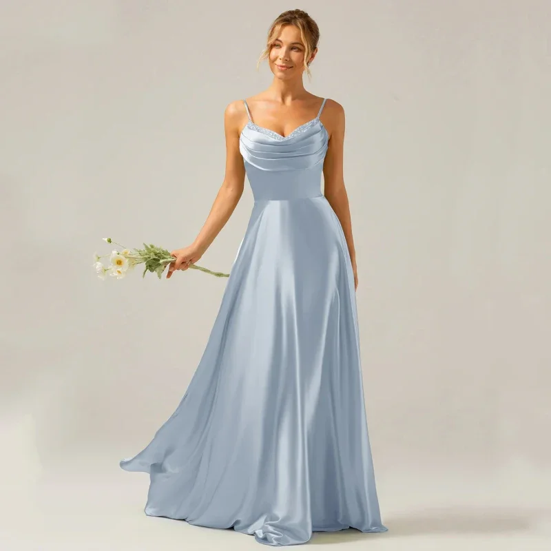 

Customized Sky Blue Women Ceremonial Gown Satin Solid Sleeveless For Wedding Bridesmaid Evening Banquet Party Birthday Prom Gown