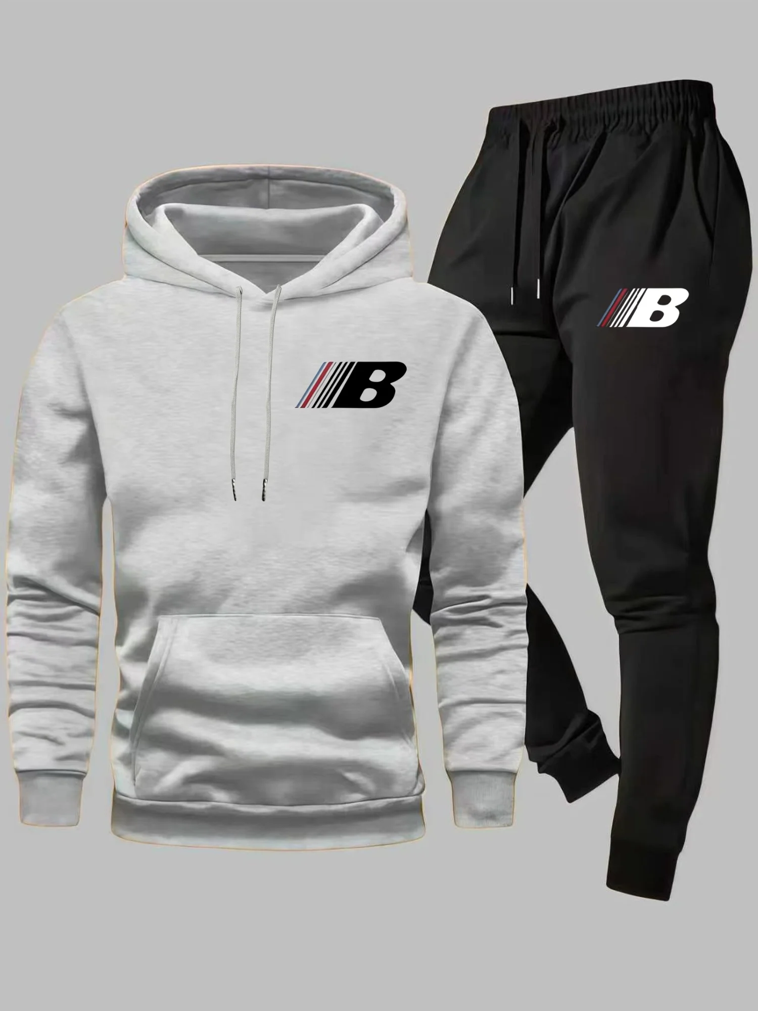2026 New Men 2 Piece Outfit Letter B Logo Print Hoodie and Jogger Pants Casual Streetwear Sports Matching Tracksuit