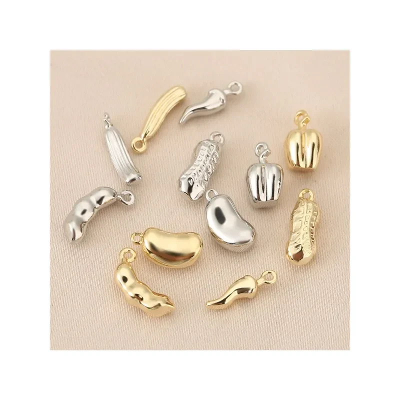 10Pcs/18K Gold  Plated Pastoral Vegetables Peppers Peanuts Bean Charms for Jewelry Making Diy Material Supplies Accessories