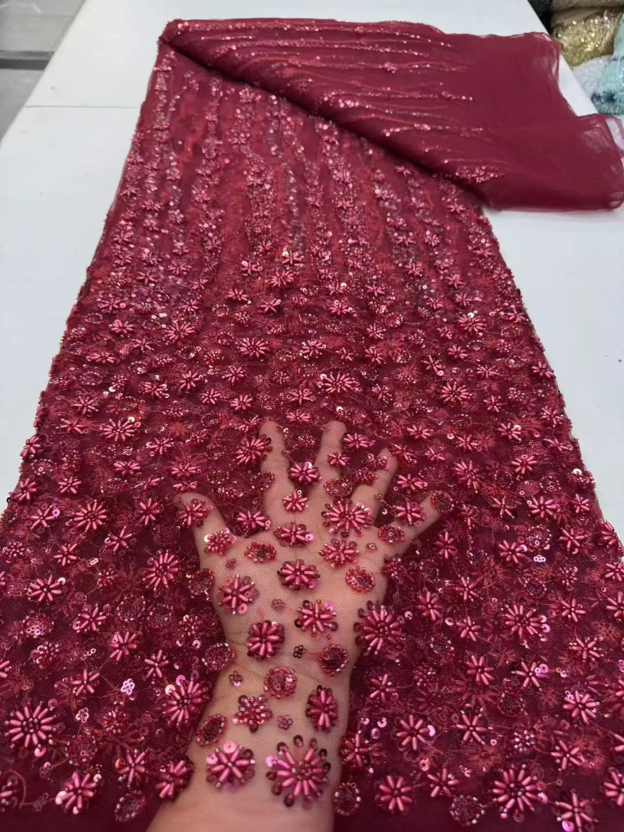 

African Nigerian High-End 3D Beaded Lace Fabric with French Sequins Mesh for Women's Wedding Party Dresses Latest Design 2026