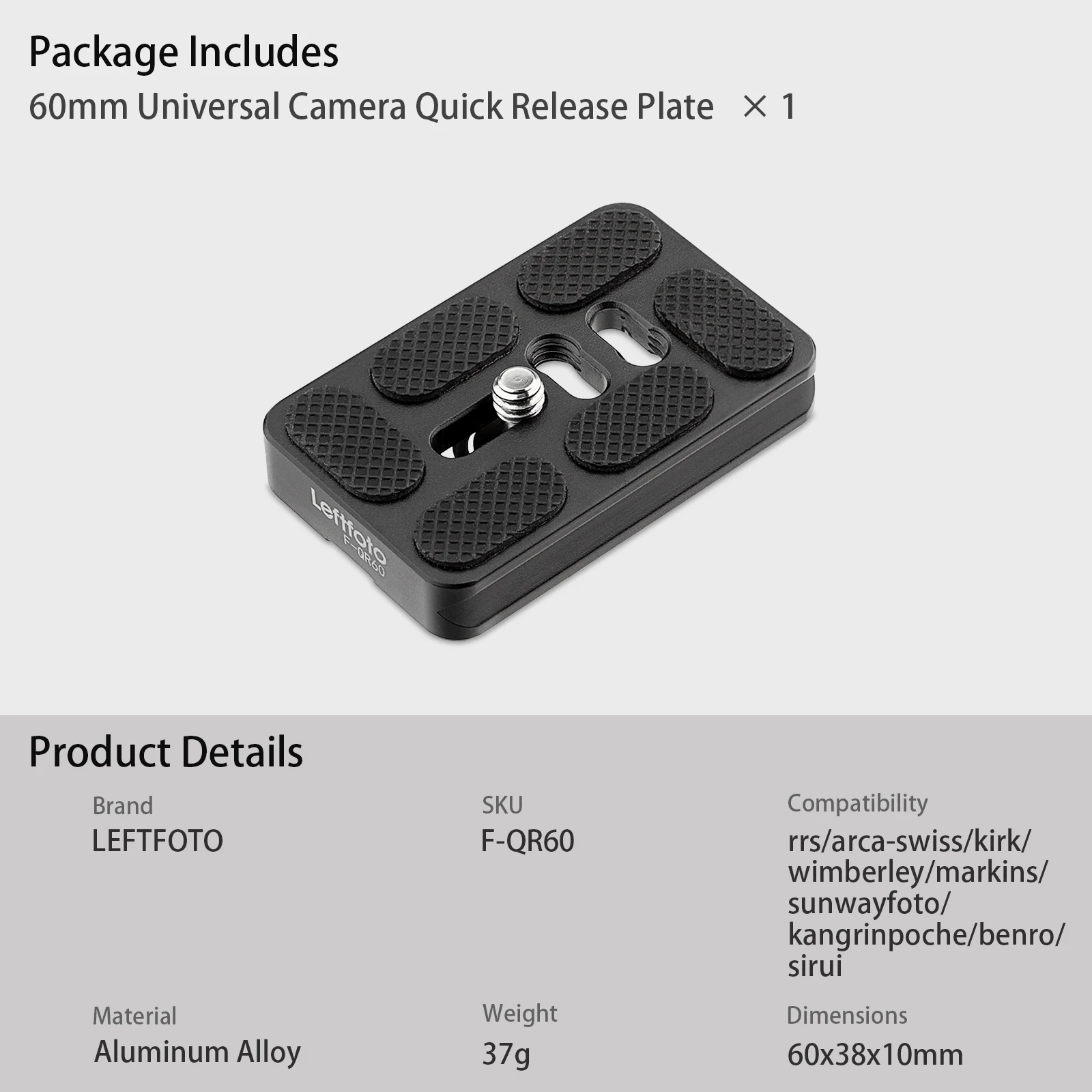 LEFTFOTO  60mm Universal Camera Quick Release Plate Metal Small QR Tripod Camera Body Mount Plate Fits Arca Swiss Standard Clamp