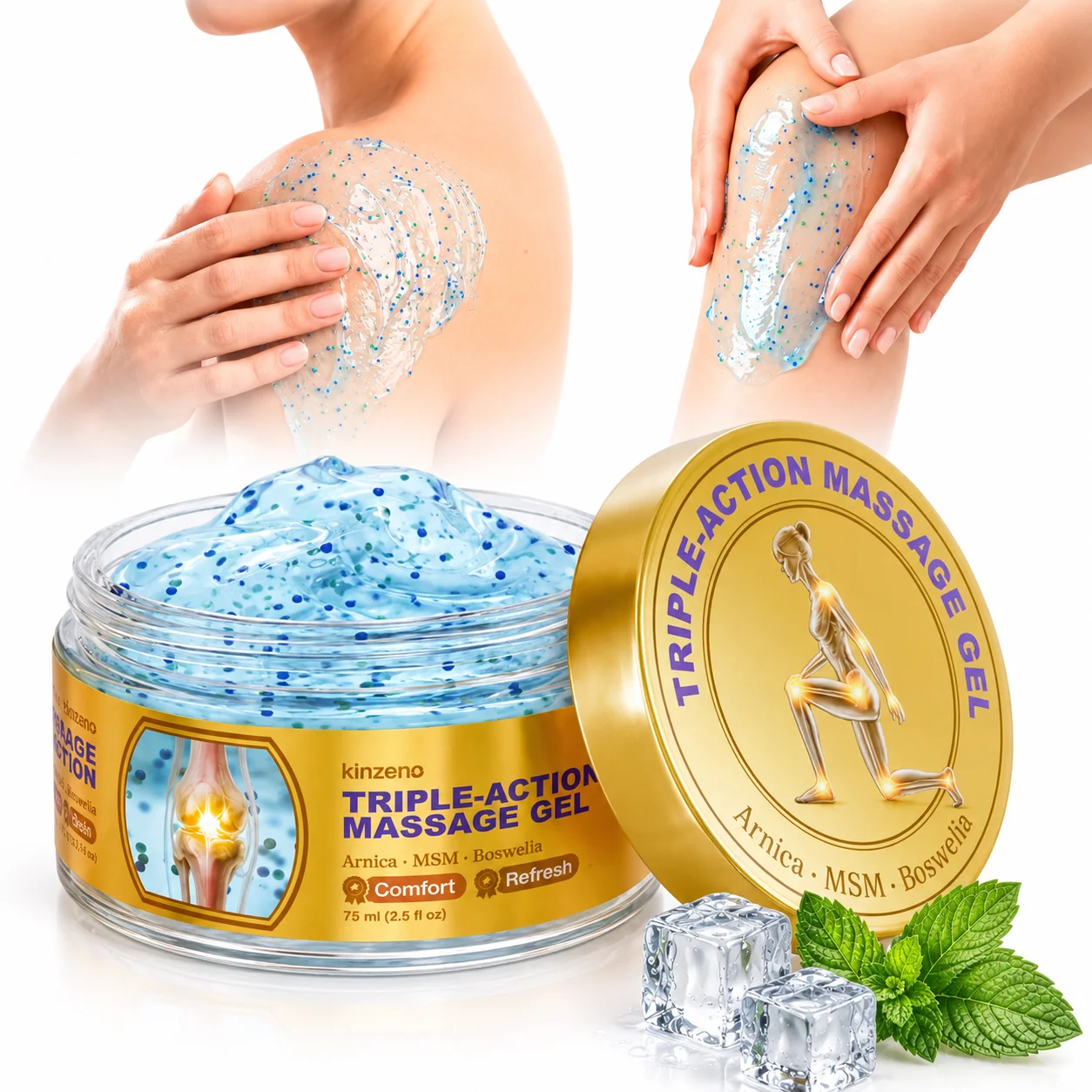 kinzeno 75ml Triple Action Muscle Massage Gel with Arnica, MSM & Boswellia Cooling Soothing Body Rub Cream for Muscle Joint Care