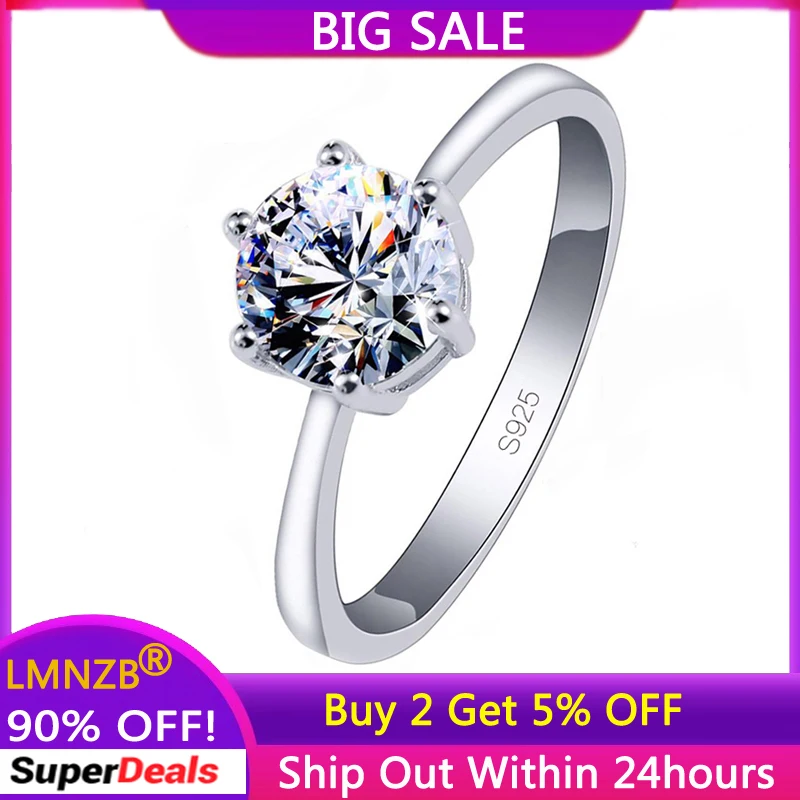 

LMNZB With Credentials Real Silver 925 Ring Round 1 Carat Zirconia Diamant Engagement Wedding Band Gift for Women Fine Jewelry