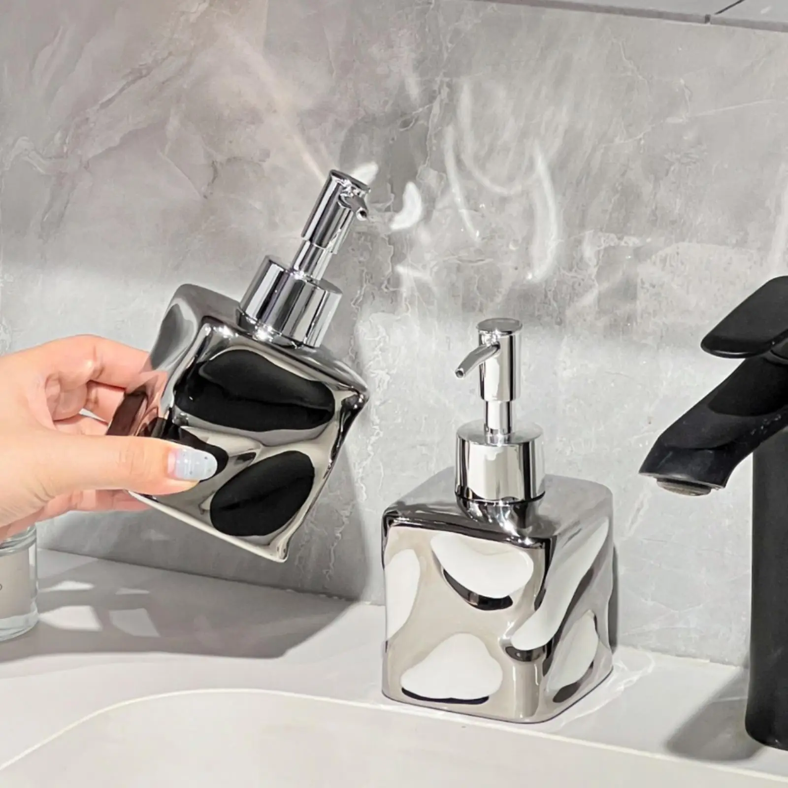 Square Ceramic Dispenser Bottle Textured Lotion Container with Pump Bathroom Countertop Liquid Soap Holder for Sink