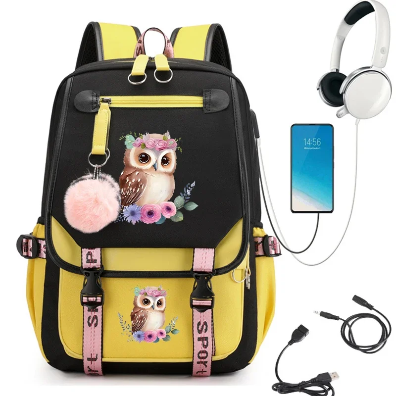 Mochila con estampado de búho y flores para niñas y niños, morral escolar con dibujos animados de animales bonitos, mochila escolar con carga Usb