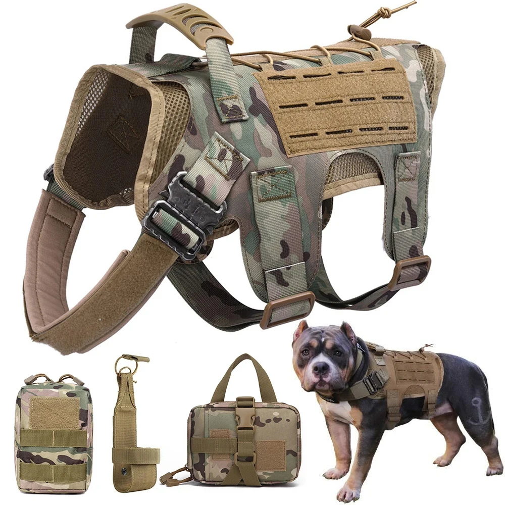 Tactical Dog Harness Pet Training Vest With Bags Military Dog Harness Leash Set Service Dog Vest Safety Lead Walking