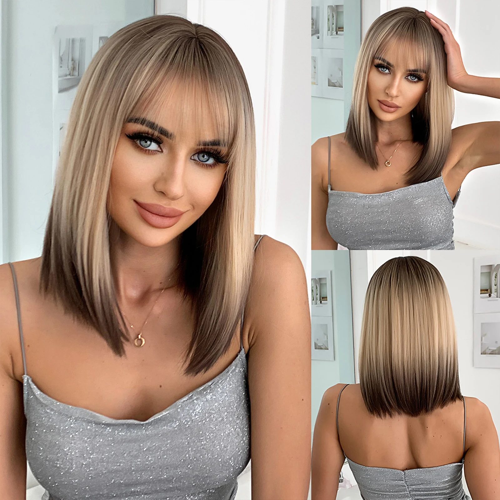 HENRY MARGU Short Straight Bob Synthetic Wigs for Black Women Blonde Brown Ombre Wigs with Bangs Cosplay Hair Heat Resistant