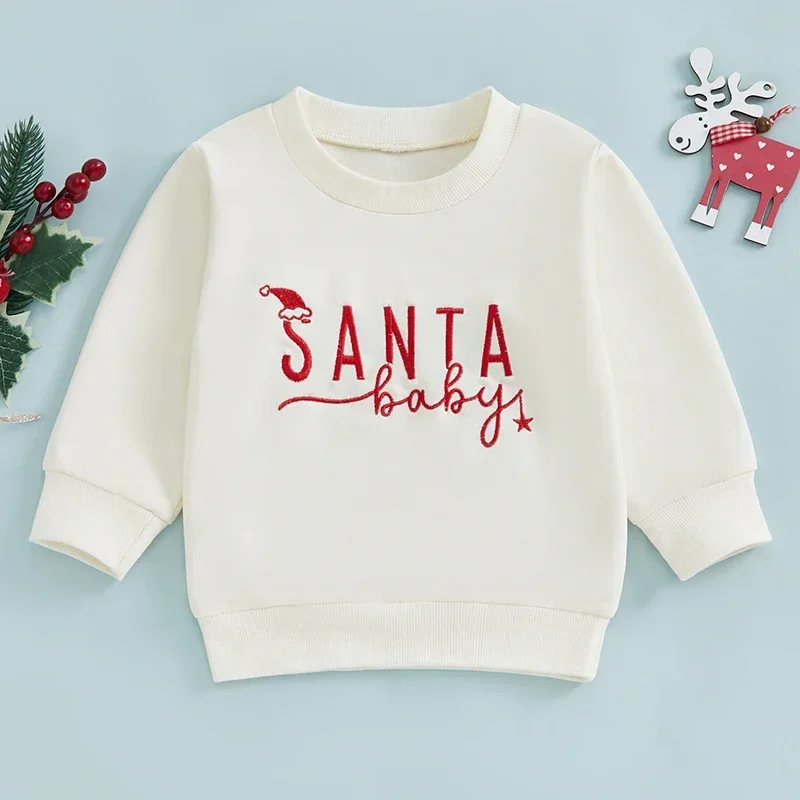 Toddler Boy Girl Christmas Sweatshirt Letter Hat Embroidery Long Sleeve Round Neck Pullover Tops Baby Clothing