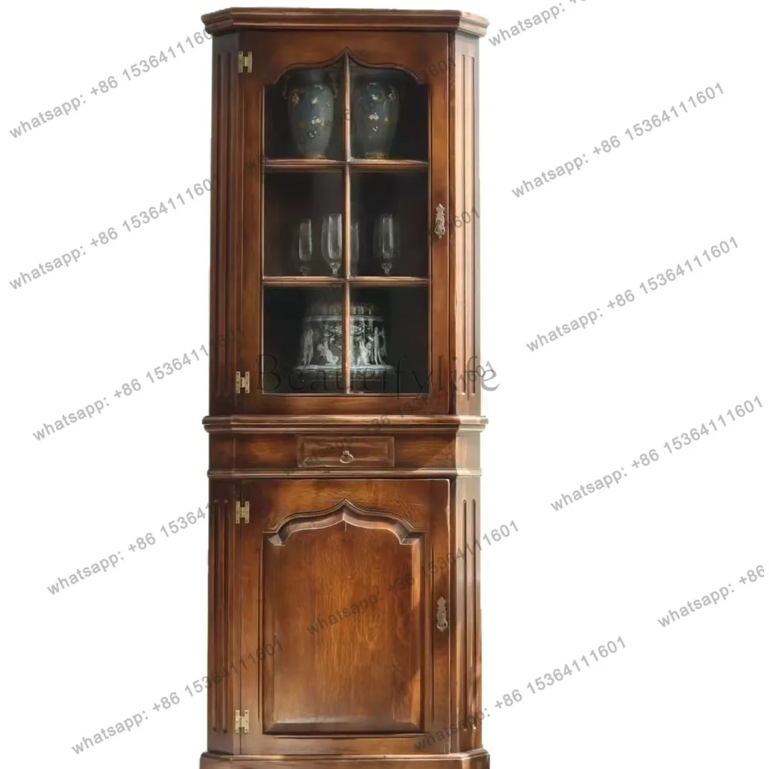 

American retro solid wood corner cabinet glass door antique storage dust display wine cabinet