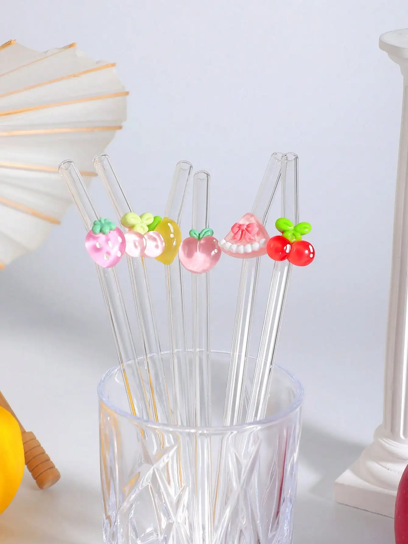 1/6PCS  Heat-Resistant Glass Straw, Strawberry Lemon Peach Design, Ideal for Milk Tea & Juice Drinks, Suitable for Office