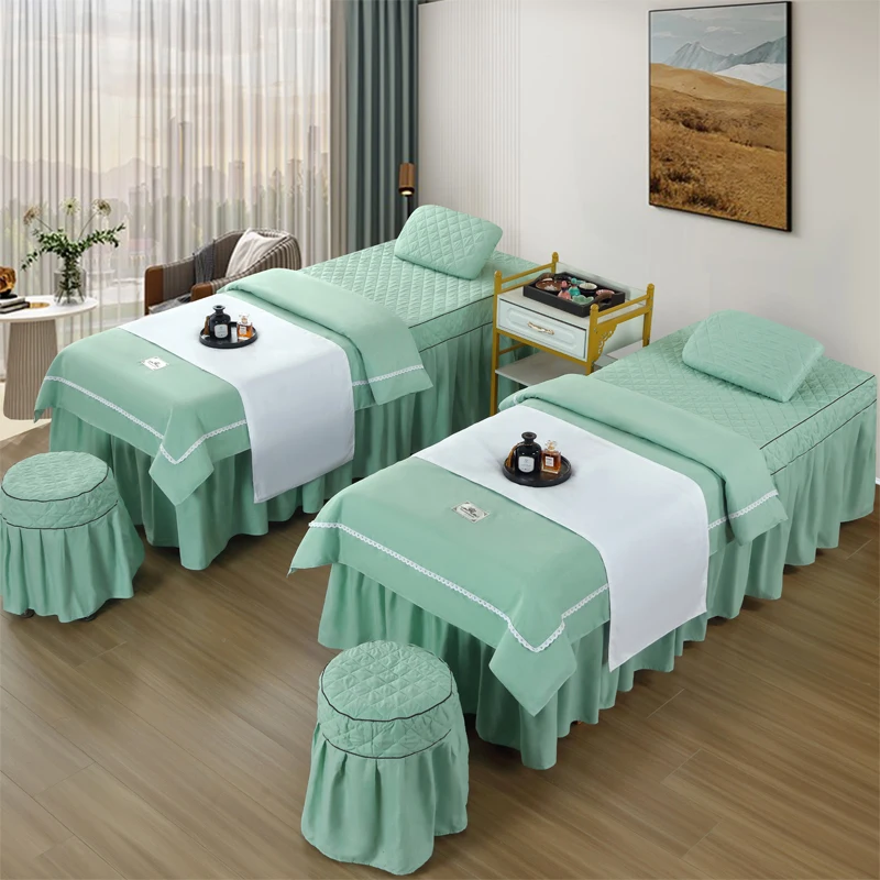 Simple Design 4pcs Beauty Salon Massage Bed Cover Sets Spa Bedskirt with Hole, Pillowcase, StoolCover, Dulvet Cover Beddings