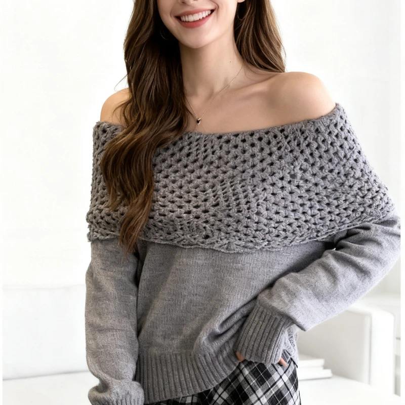 

NEW Off Shoulder Hollowed Out Casual Women's Long Sleeved Knitted Chic Sweater Autumn Winter Korean Fashion Solid Color Sexy Top