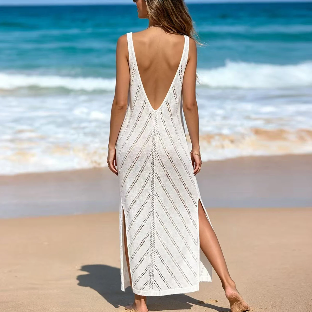 Fashion Simple Backless Side Split Knit Dress, Summer Beach Vacation Hollow Out Bikini Cover-Up, Casual Plain Pattern
