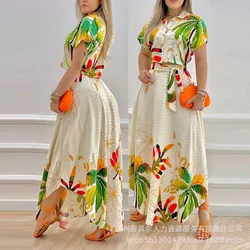 Shirt Top & Slit Skirt Set Dress Sets Women Tropical Print Long Skirt Crop Top Maxi Two Piece Set Work Summer Top Matching Sets