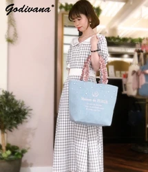 Japanese Style New Cute Denim Pearl Beads Flower Portable Shoulder Bag Female Girls Satin Tote Bag Fashion Handbags